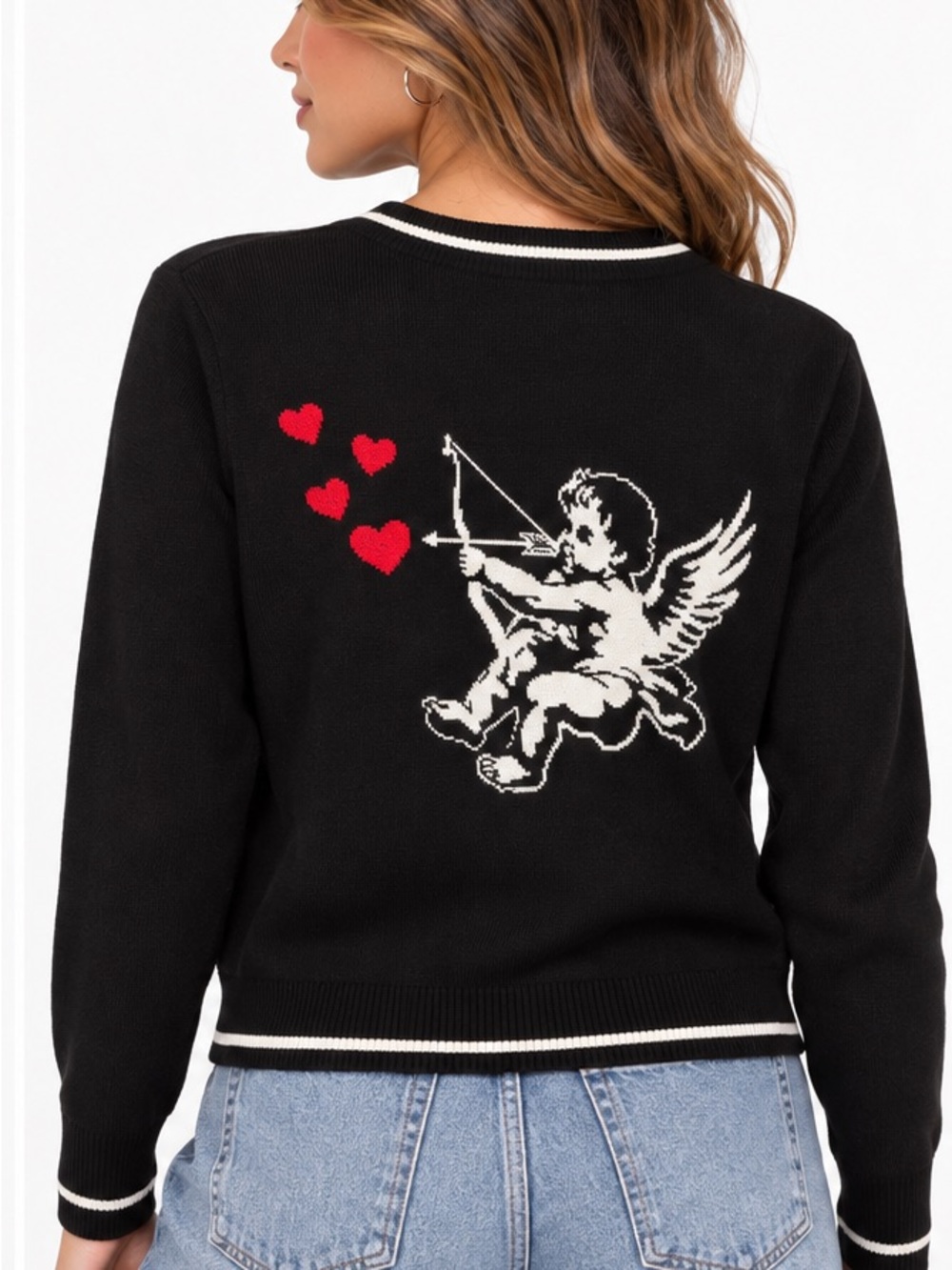 169.New Black Cupid Intarsia Knit Sweater - Women